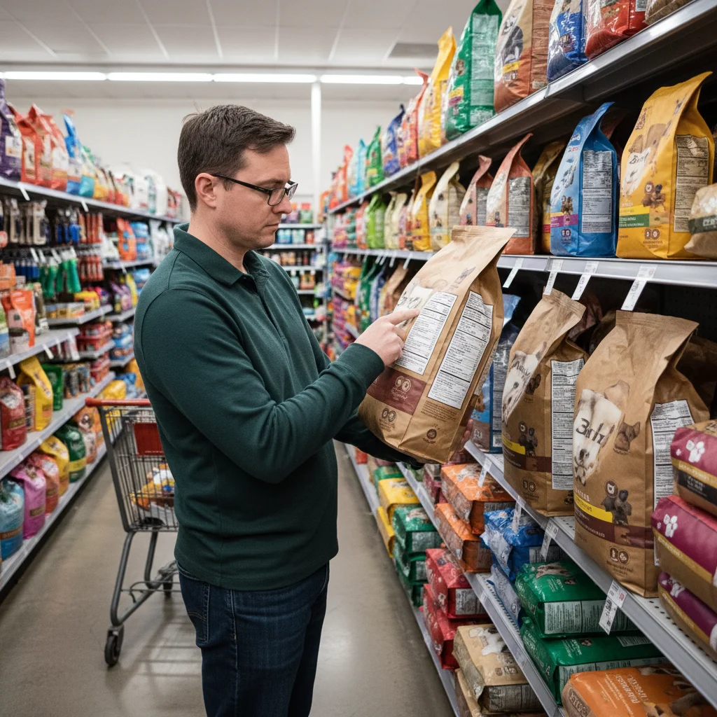 Person examining pet food ingredients for nutritional value and cost