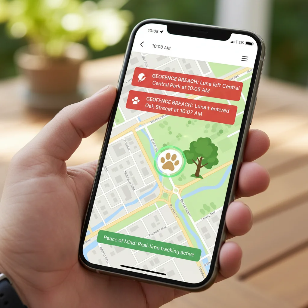 Smartphone displaying real-time pet location on a GPS tracking app