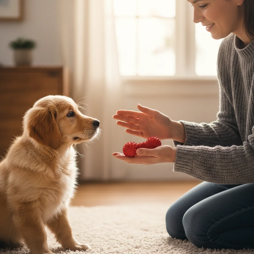 Redirecting puppy nipping with a chew toy, positive reinforcement.
