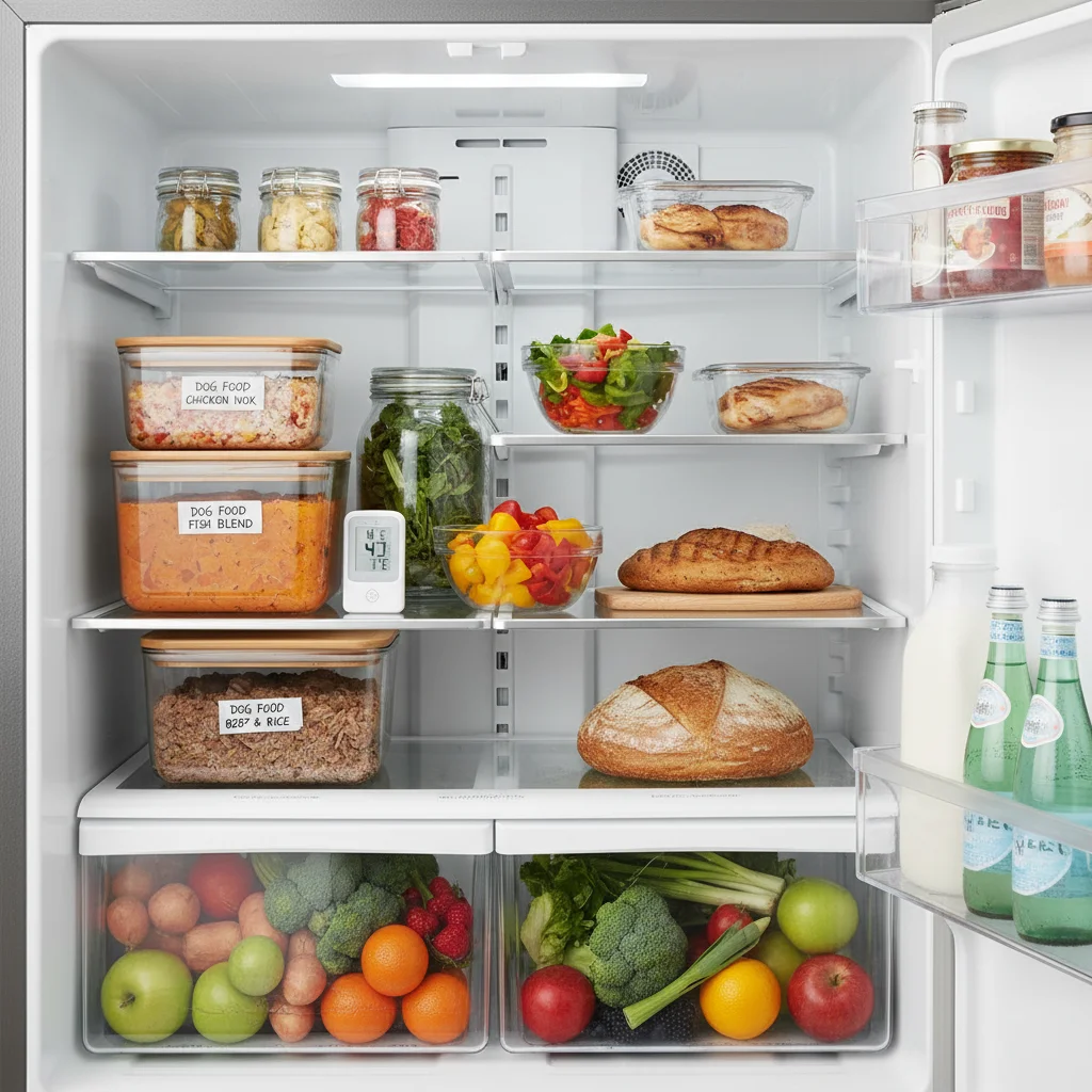 Properly stored homemade pet food in airtight containers in a refrigerator