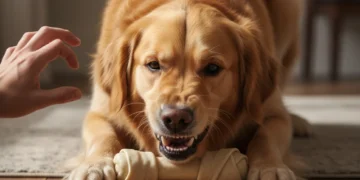 Golden retriever exhibiting resource guarding behavior over a toy