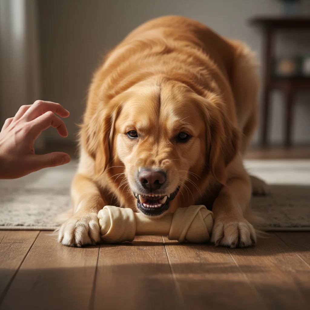 Golden retriever exhibiting resource guarding behavior over a toy
