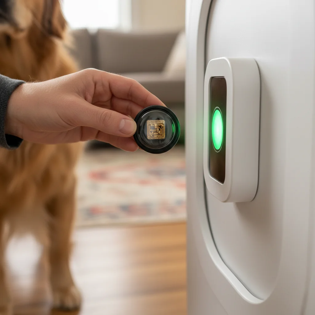 RFID collar tag and microchip activating a smart pet door sensor.