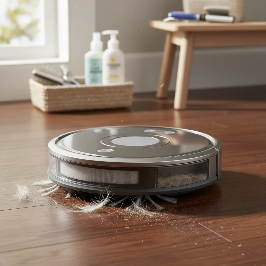 Robotic vacuum cleaning pet hair and dander, showcasing daily cleaning efficiency.