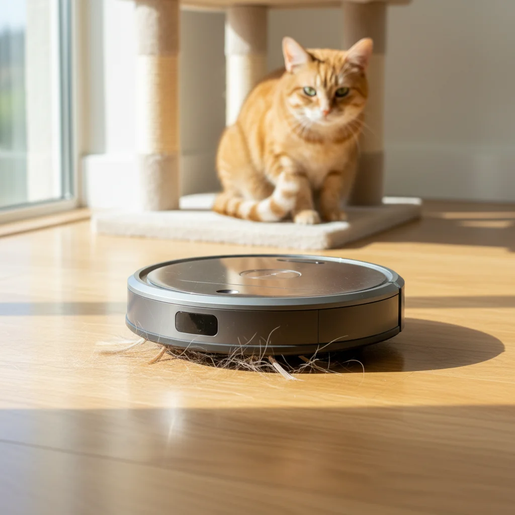 Robotic vacuum cleaning pet hair from hardwood floor with a cat watching.