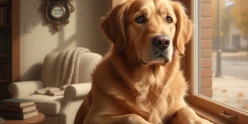 Sad golden retriever dog looking out window, showing separation anxiety, in a home setting.