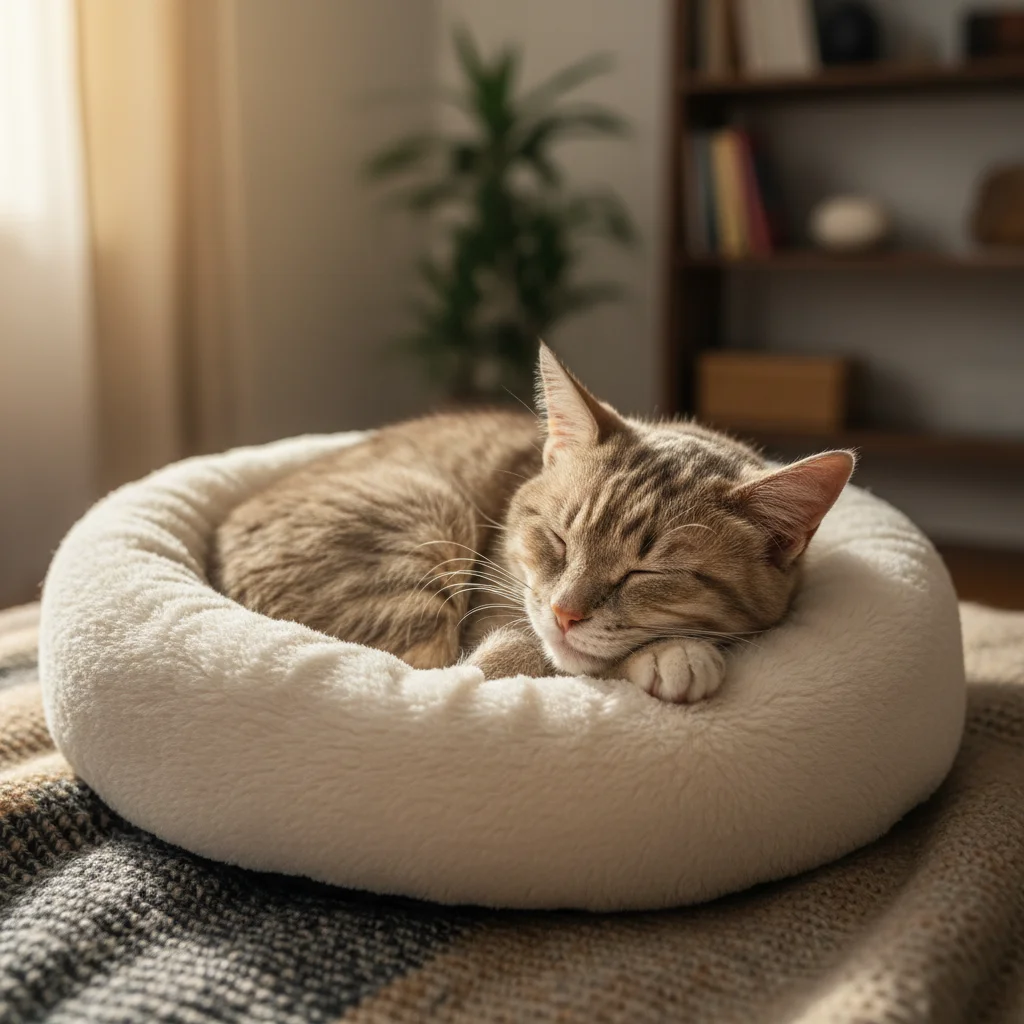 Elderly cat sleeping soundly in a plush, donut-shaped orthopedic pet bed.