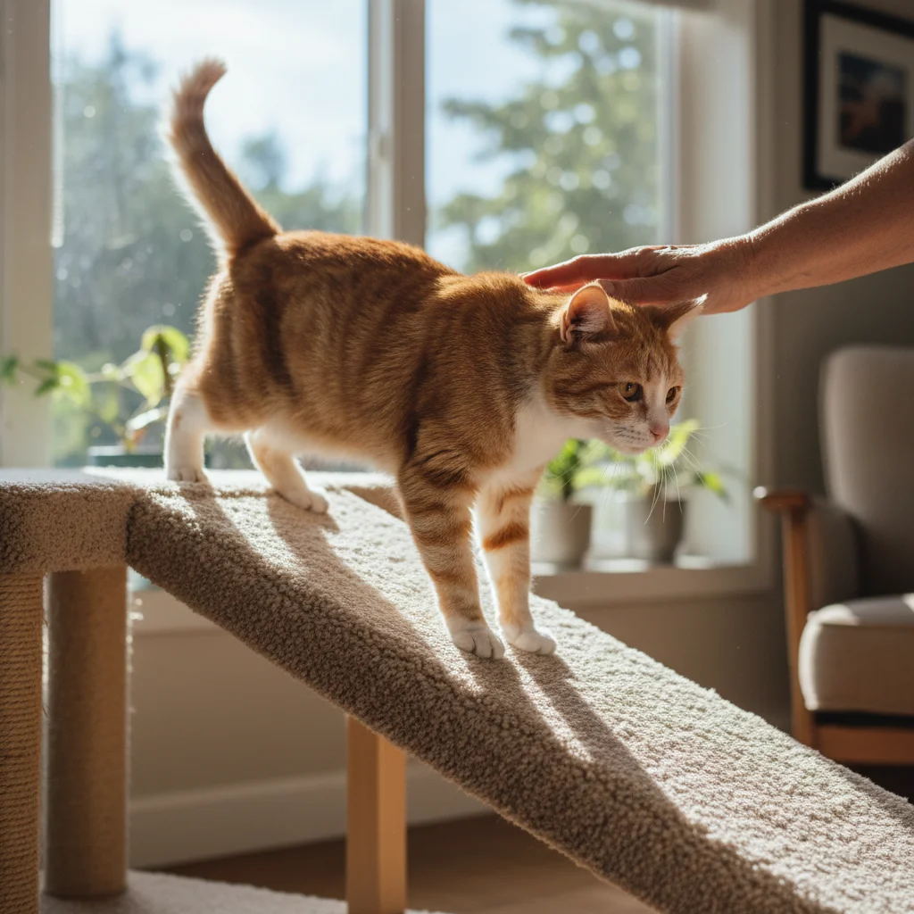 Elderly cat walking on a carpeted ramp, aided by a human, focusing on controlled movement.