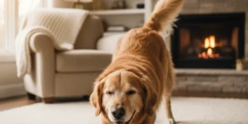 Senior golden retriever gently stretching on a soft rug, promoting comfort and mobility.