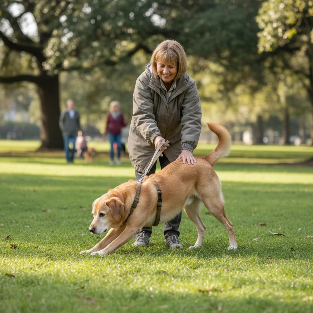 Senior dog enjoying a gentle walk, showcasing improved joint mobility.