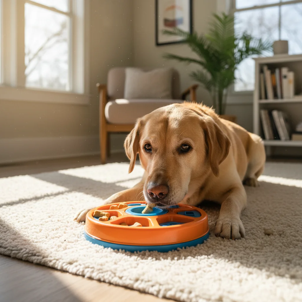 Senior Labrador engaging with an interactive puzzle feeder for mental stimulation.