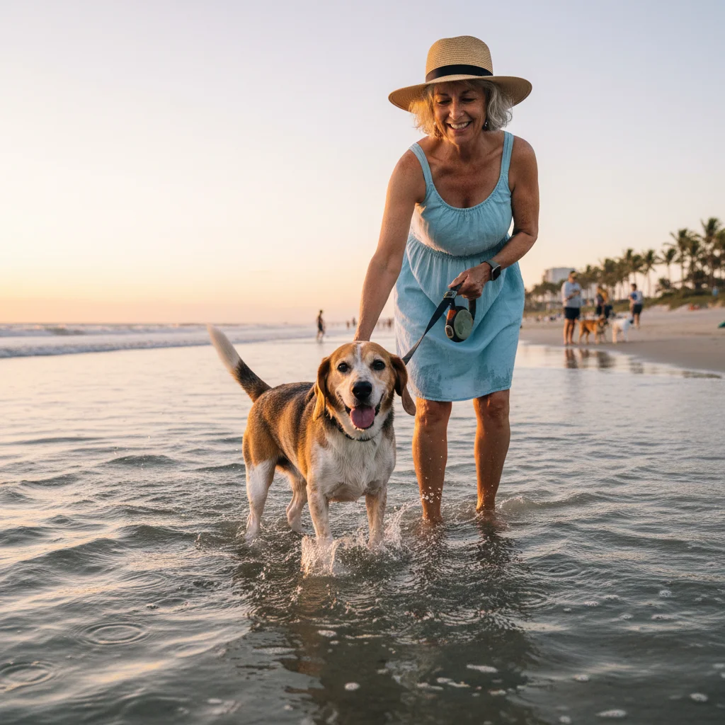 Senior beagle mix dog enjoying shallow water therapy at a beach with its owner.
