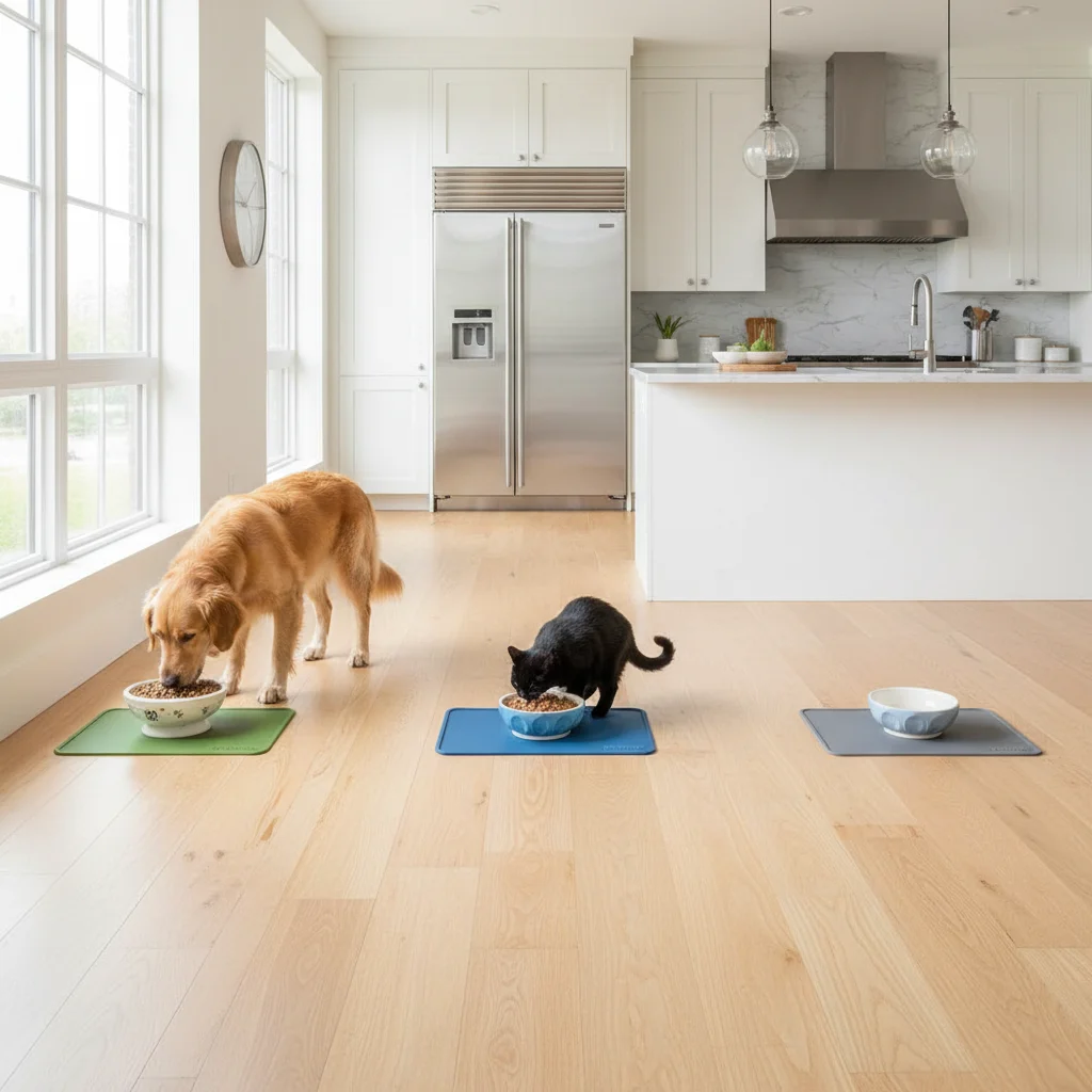 Separated pet food bowls to prevent resource guarding in a multi-pet home.