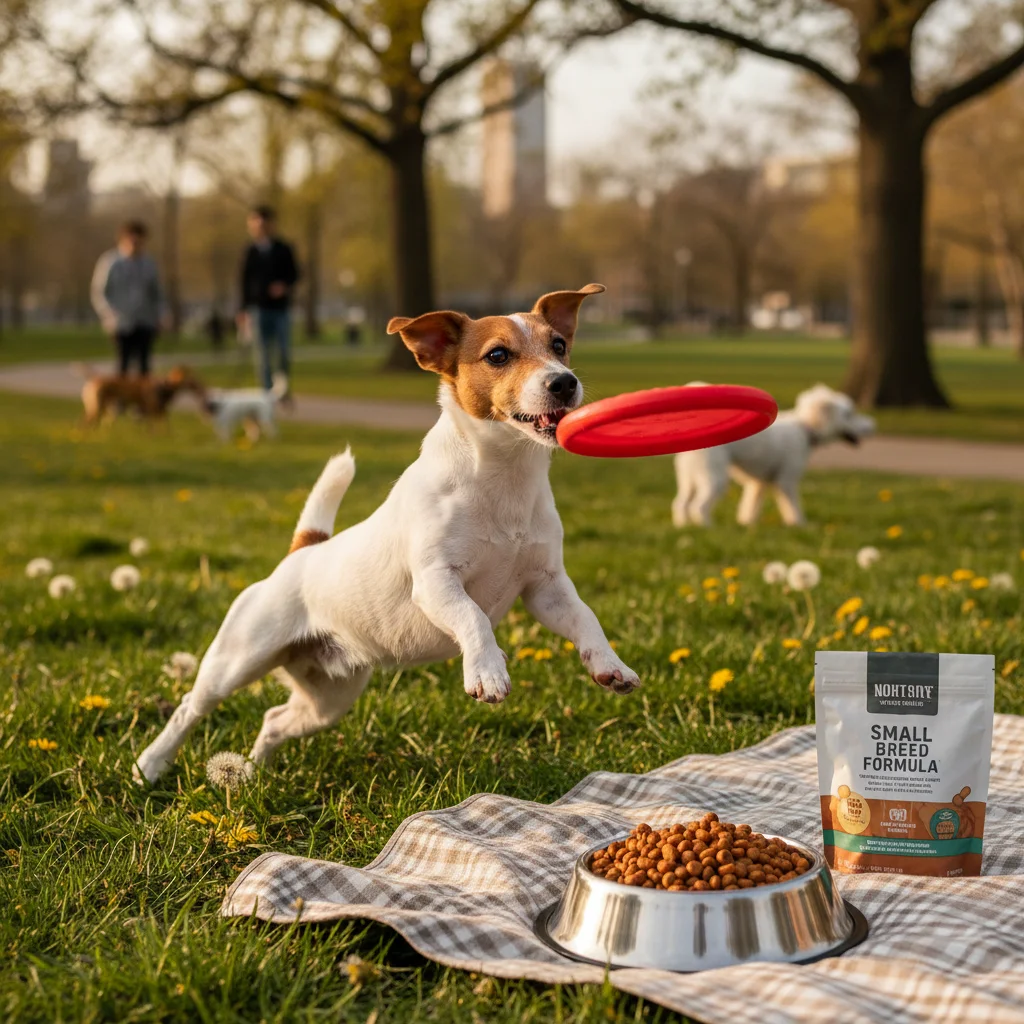 Energetic small breed dog playing, with a bowl of small kibble food representing their dietary needs.