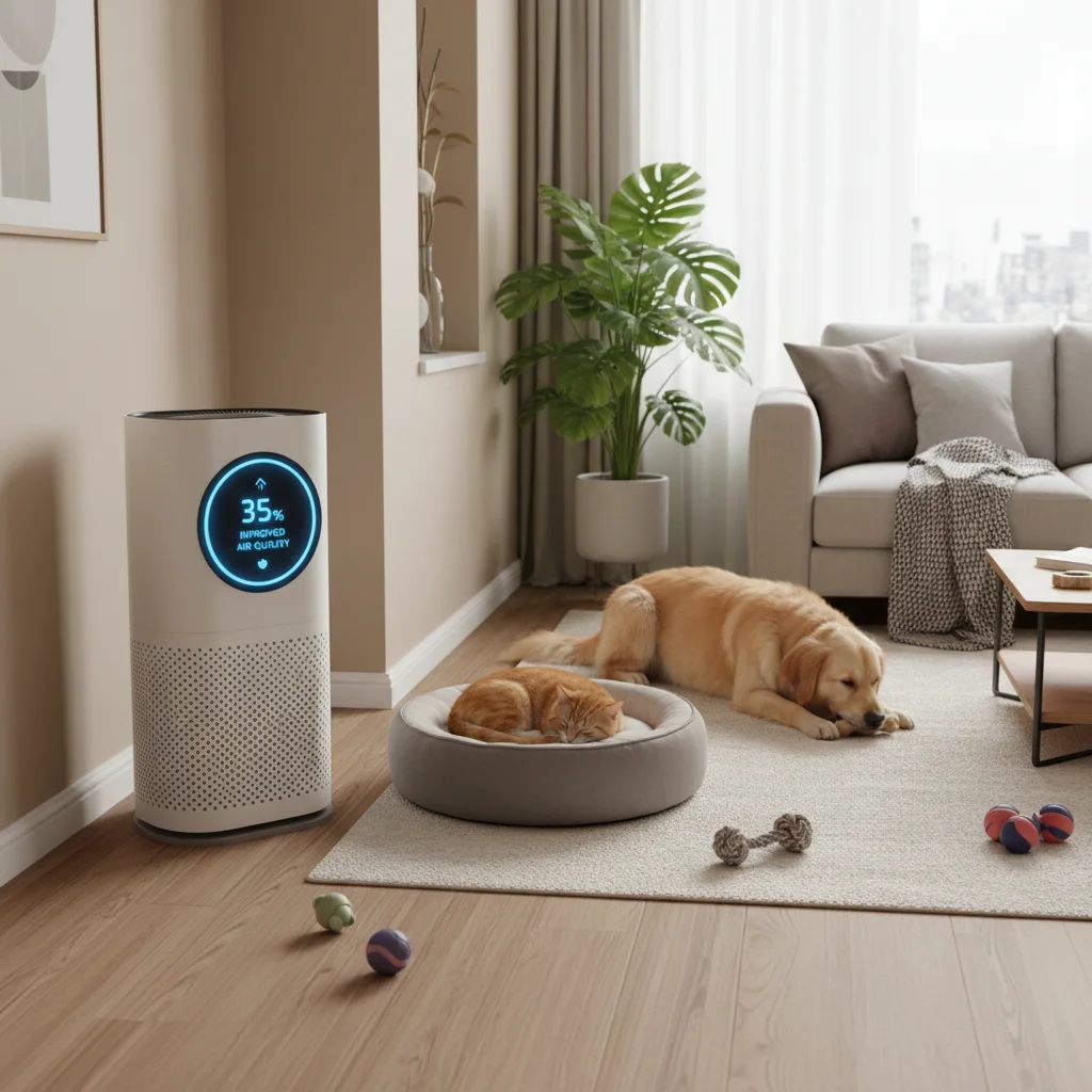 Smart air purifier showing improved air quality in a pet-friendly home.