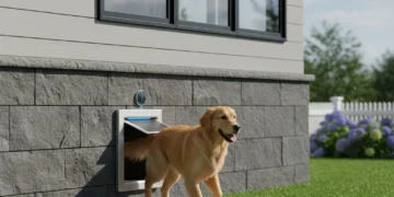 Modern smart pet door with golden retriever, integrated into a suburban U.S. home exterior.