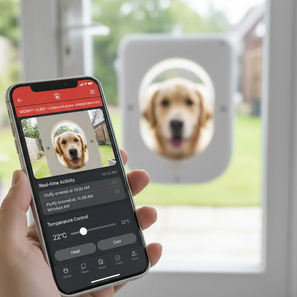 Smartphone app displaying smart pet door controls and pet activity logs.