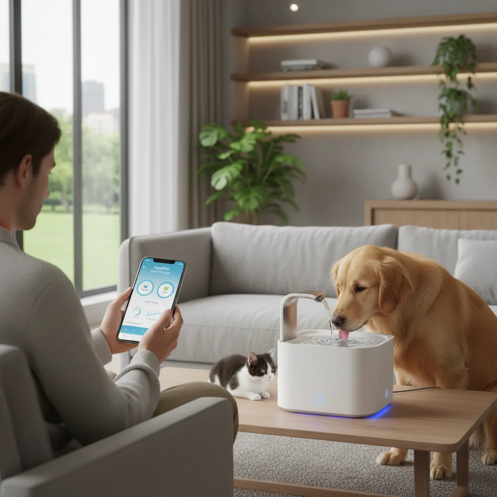 Pet owner using smartphone app to control smart pet water fountain, monitoring water levels and filter status.