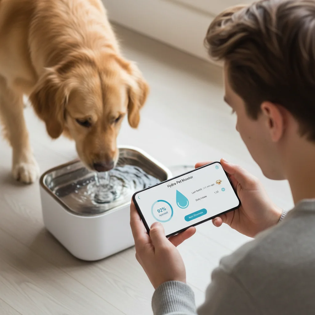 Pet owner checking pet hydration data on a smartphone app with smart water bowl.