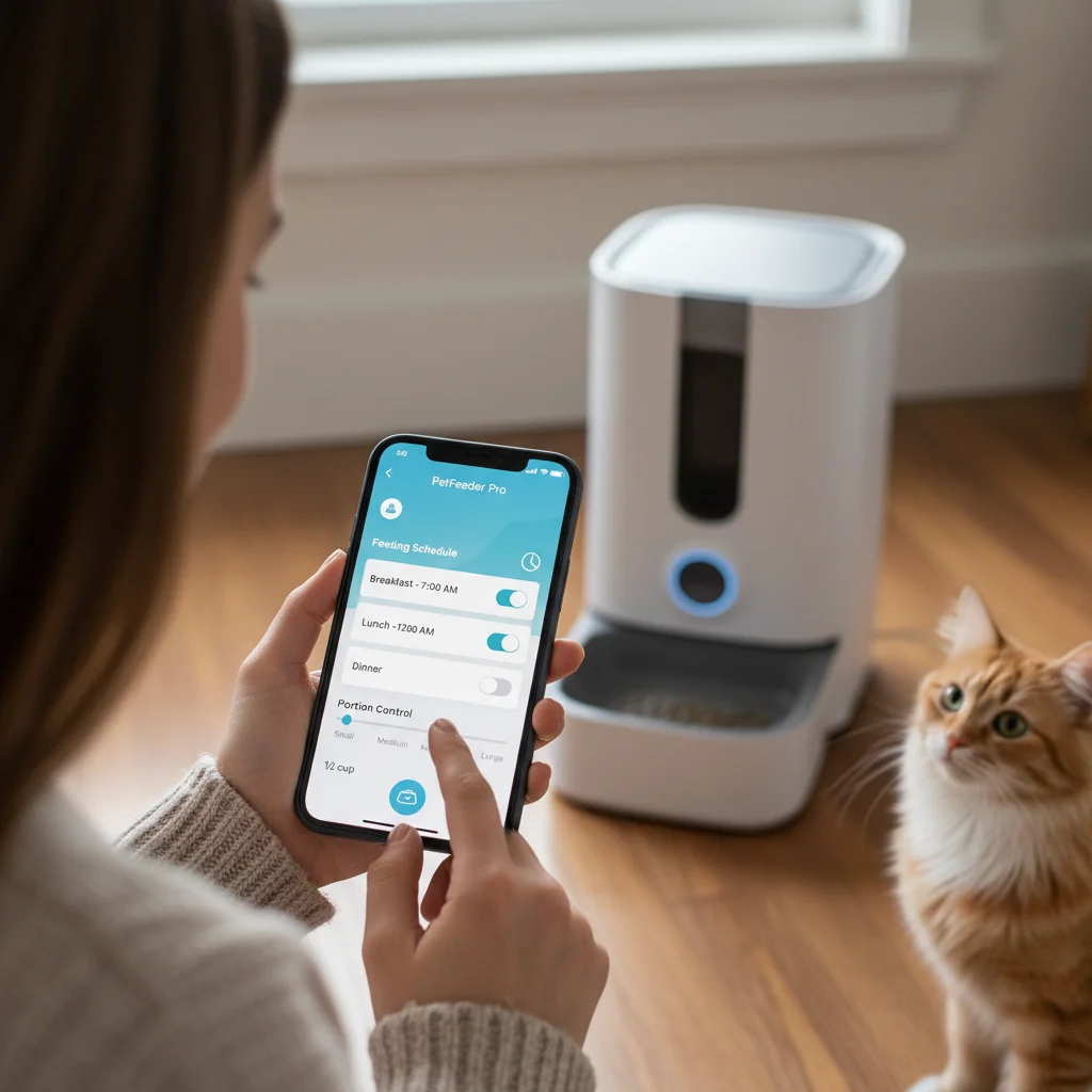 Pet owner scheduling feeding times on a smartphone app for a smart feeder