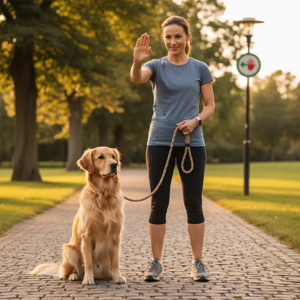 Dog and owner practicing the 'stop and go' leash training method