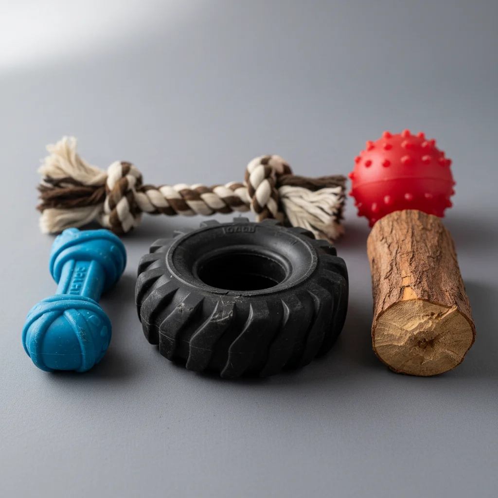 Assortment of durable dog chew toys made from various materials for different chewing styles.