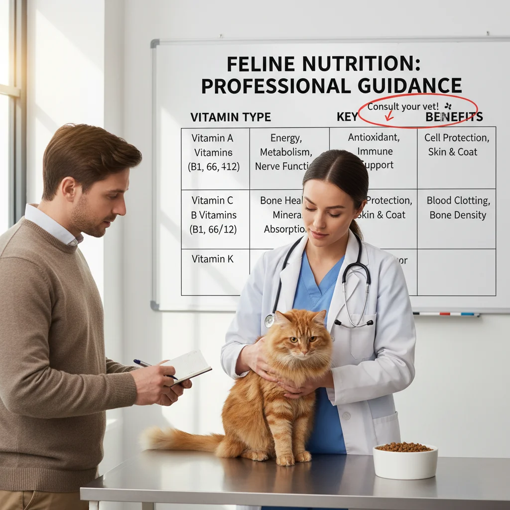 Veterinarian advising pet owner on cat's vitamin needs