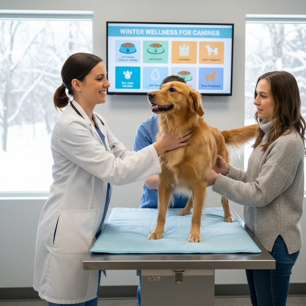 Veterinarian examining healthy dog, discussing winter diet
