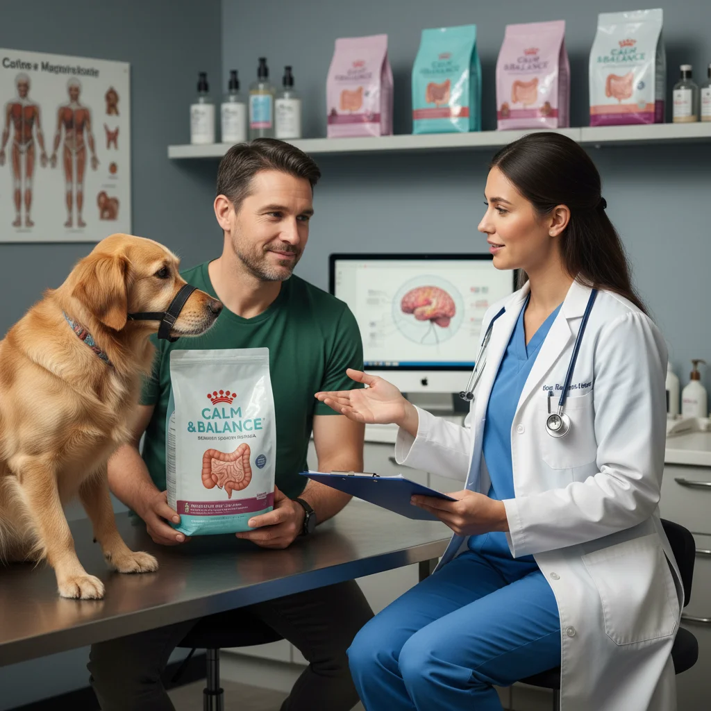 Veterinarian advising pet owner on specialized dog food for behavioral support.