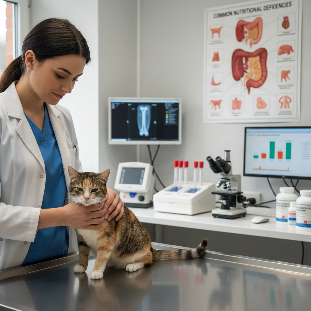 Veterinarian examining a cat for signs of nutritional deficiency, emphasizing professional care.