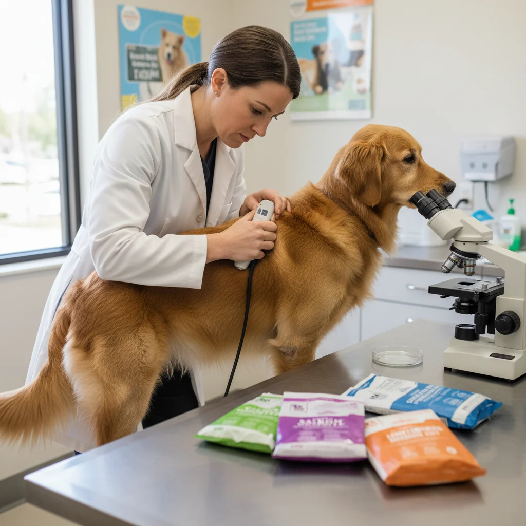 Veterinarian examining dog's skin for allergies