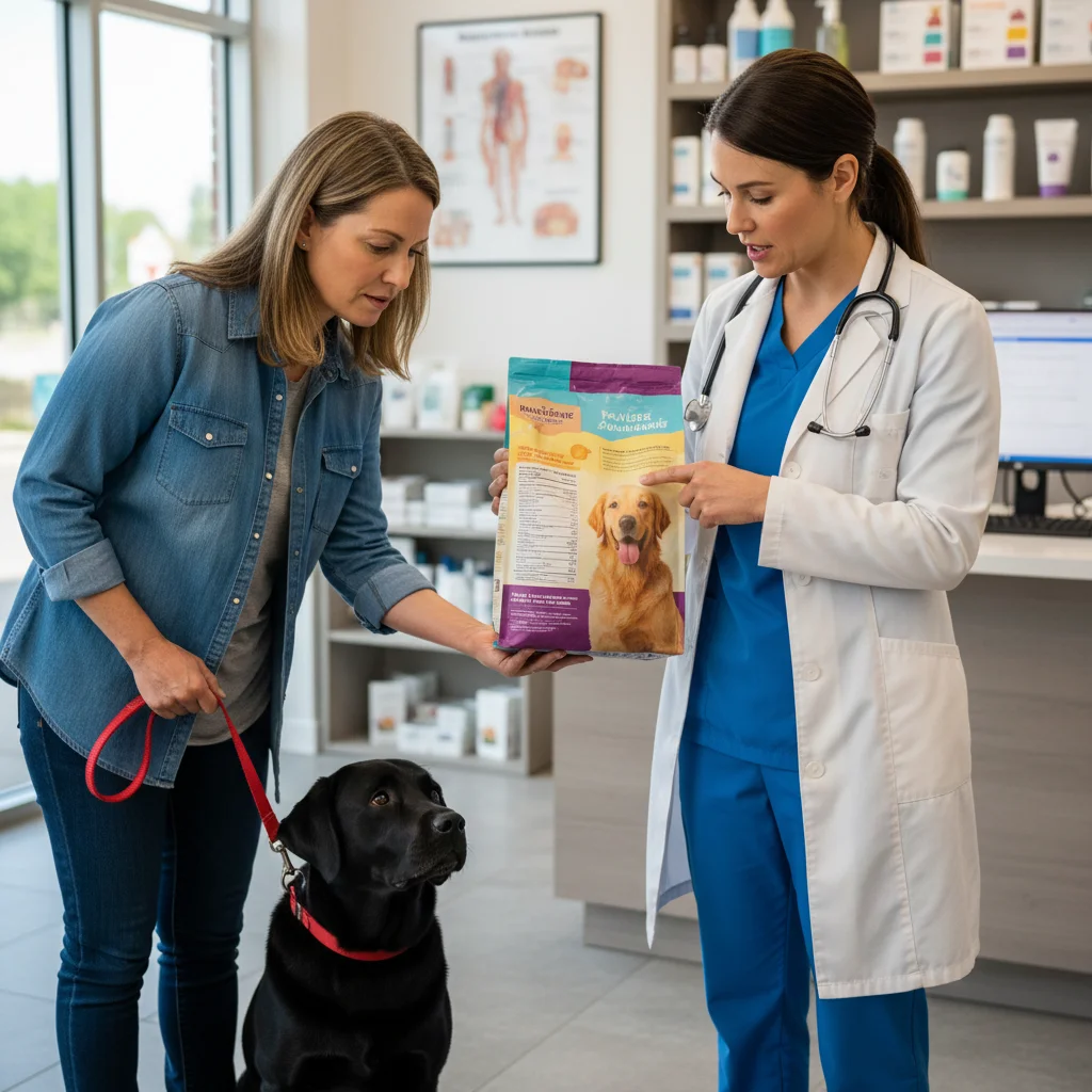 Veterinarian explaining pet food label to owner