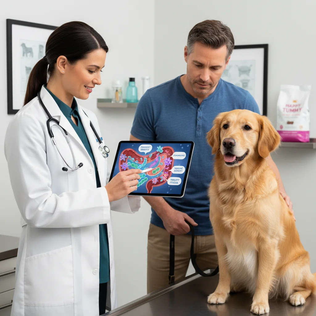 Veterinarian explaining gut health and probiotics to a pet owner