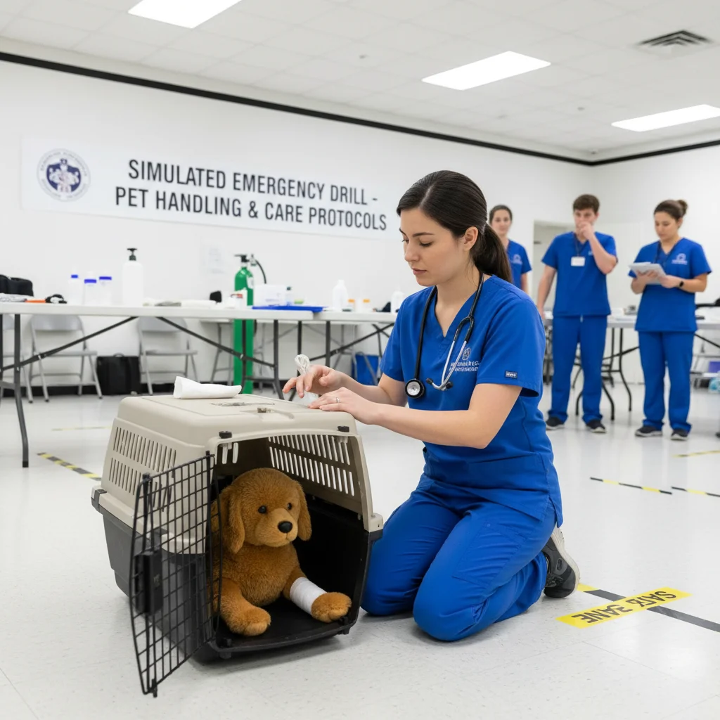 Veterinarian checking pet during emergency drill in carrier