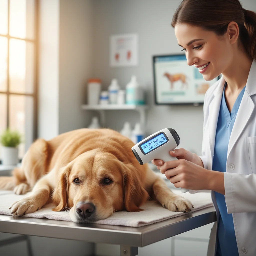 Veterinarian scanning dog for microchip identification.