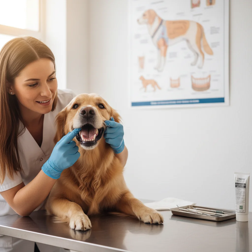Veterinarian checking a dog's teeth, emphasizing the importance of dental health through proper chew toys.