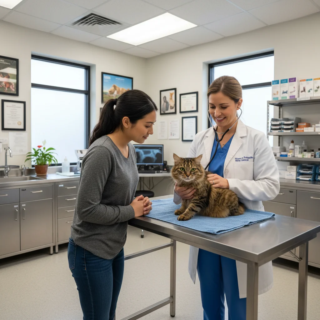Veterinarian examining a cat during a routine check-up