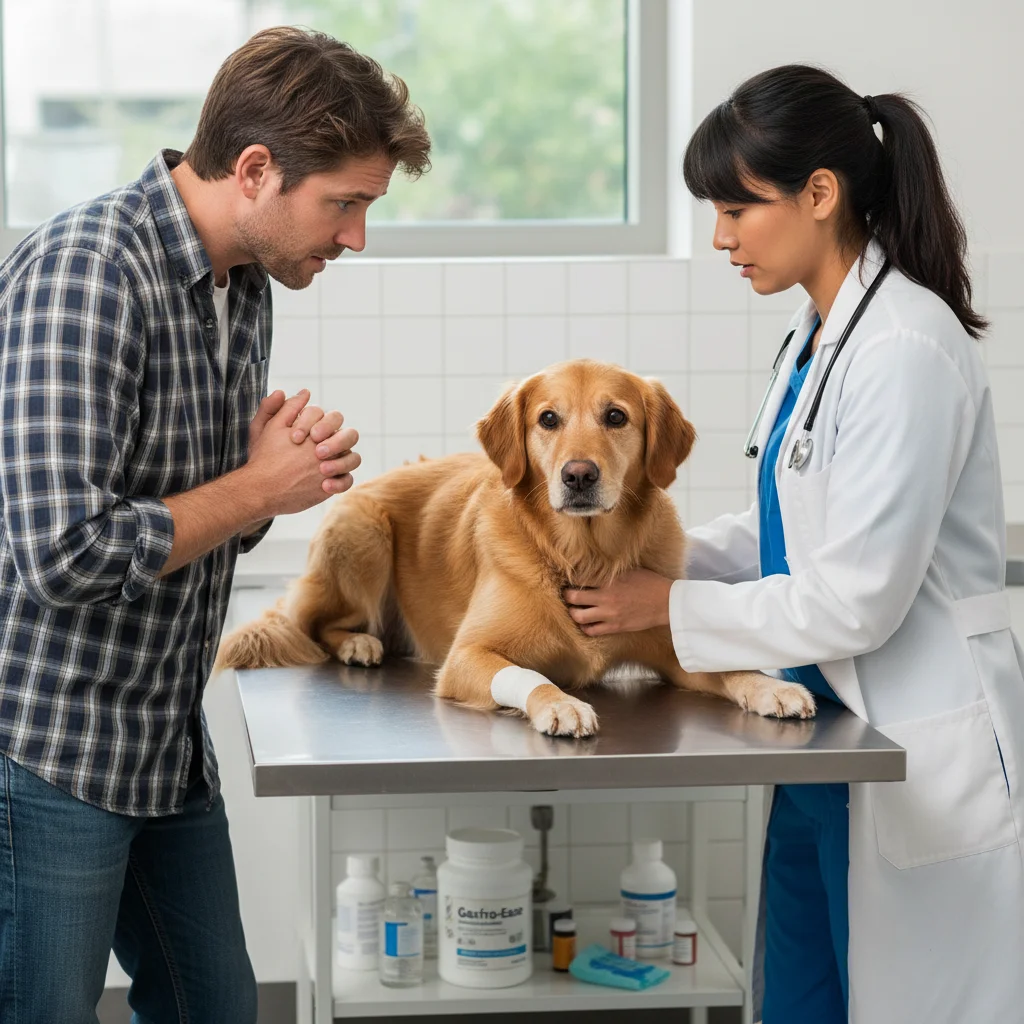 Veterinarian examining dog on examination table with owner present