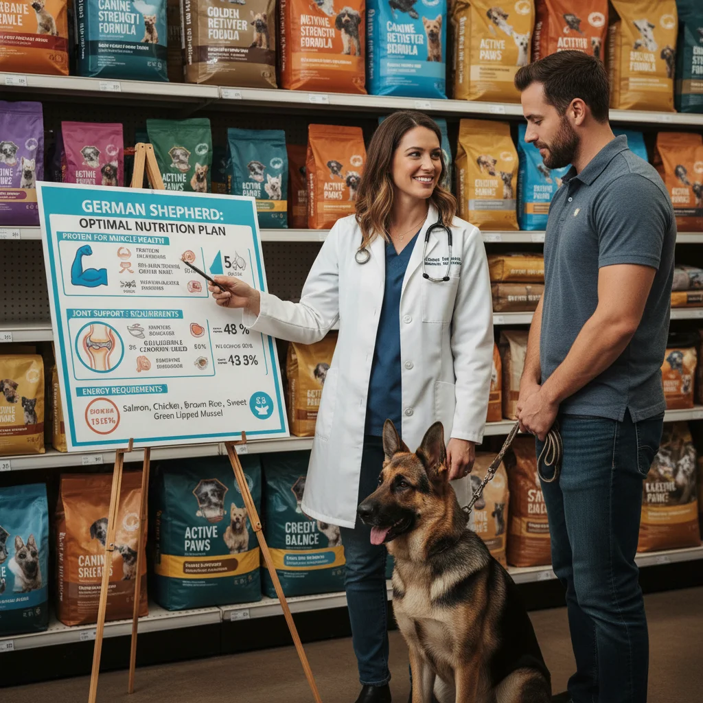 Veterinarian discussing large breed dog nutrition with an owner, focusing on protein and joint health.
