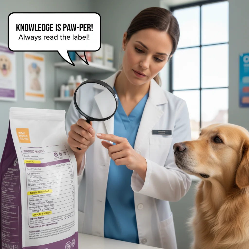 Veterinarian reviewing pet food label for nutritional content