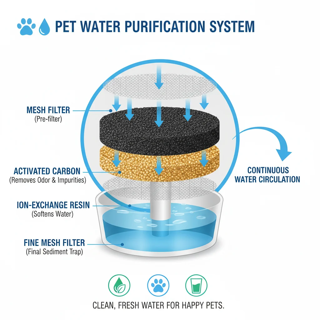 Infographic showing multi-stage filtration system in a pet water bowl for clean water.