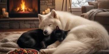 Dog and cat cozy by fireplace with healthy winter pet food