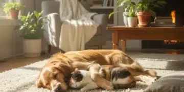 Golden retriever and calico cat sleeping peacefully on a rug, symbolizing pet stress reduction.