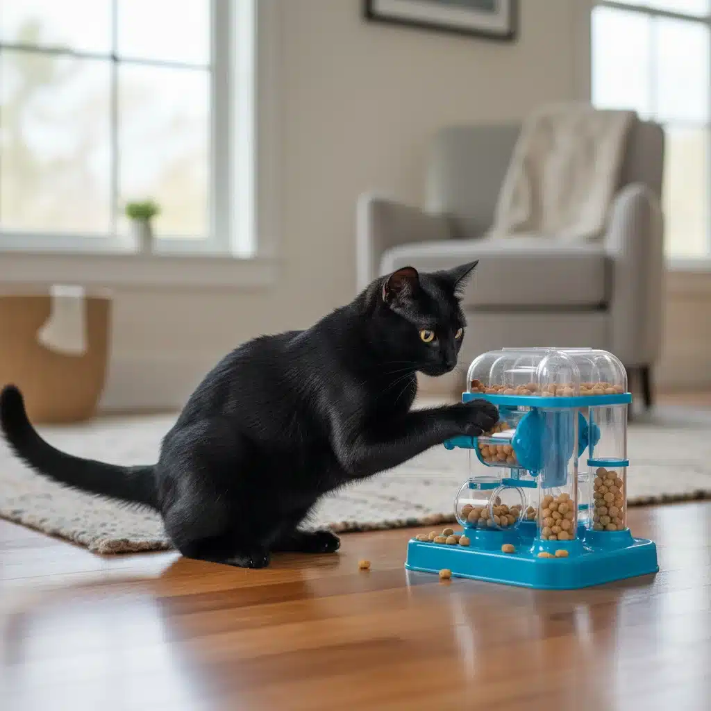 Black cat engaging with an interactive puzzle feeder for mental enrichment.