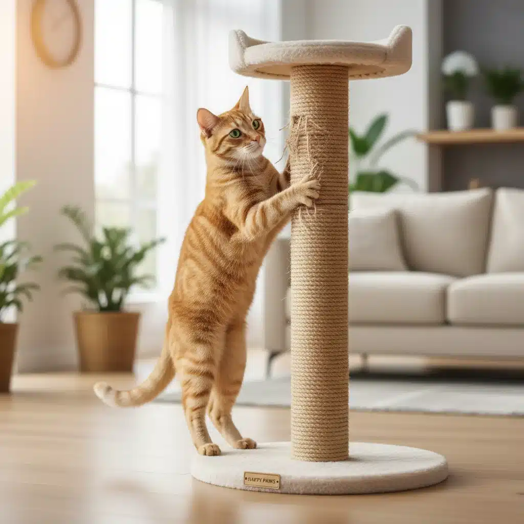 Content cat using a sisal scratching post, demonstrating appropriate scratching behavior.