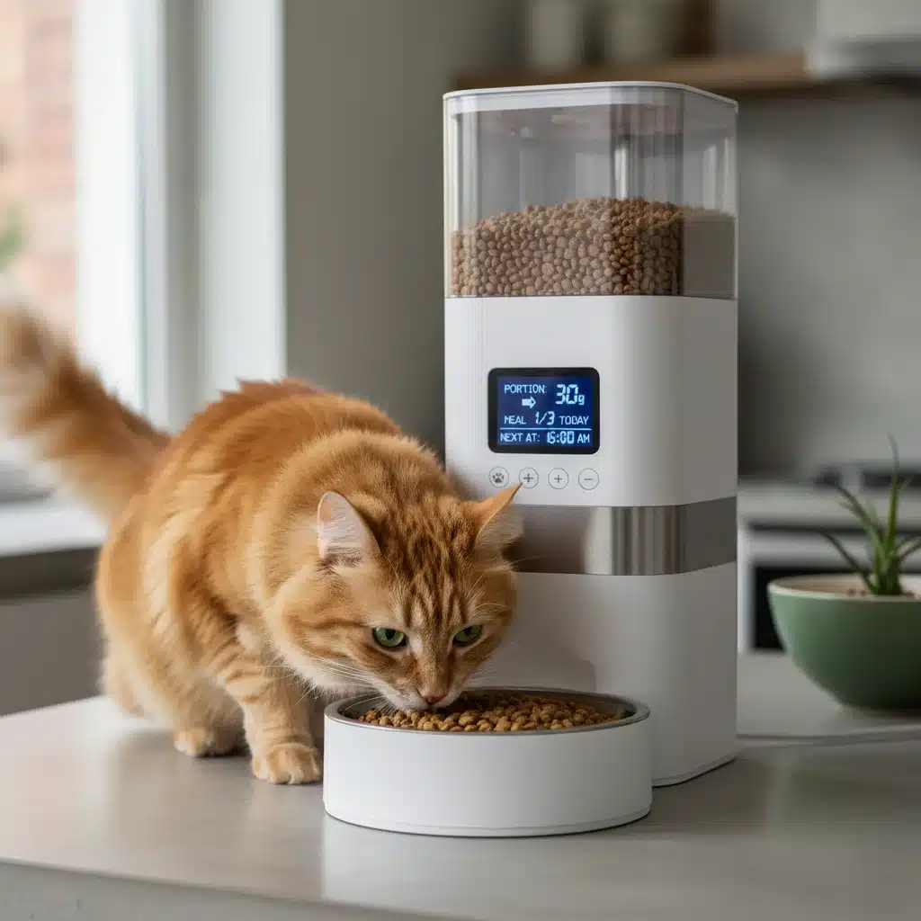 Cat eating from a smart pet feeder with portion control display.