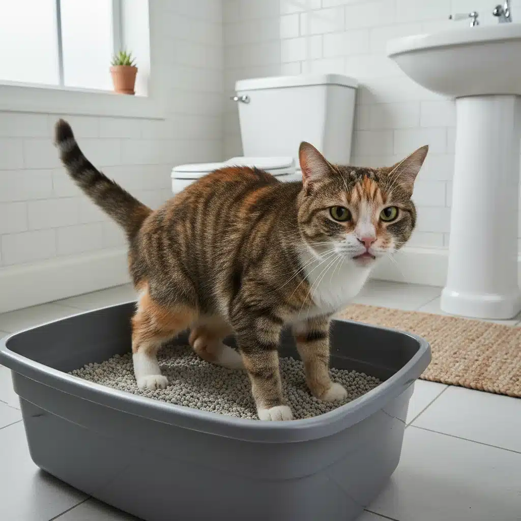 Cat straining uncomfortably in a litter box, indicating digestive or urinary distress.