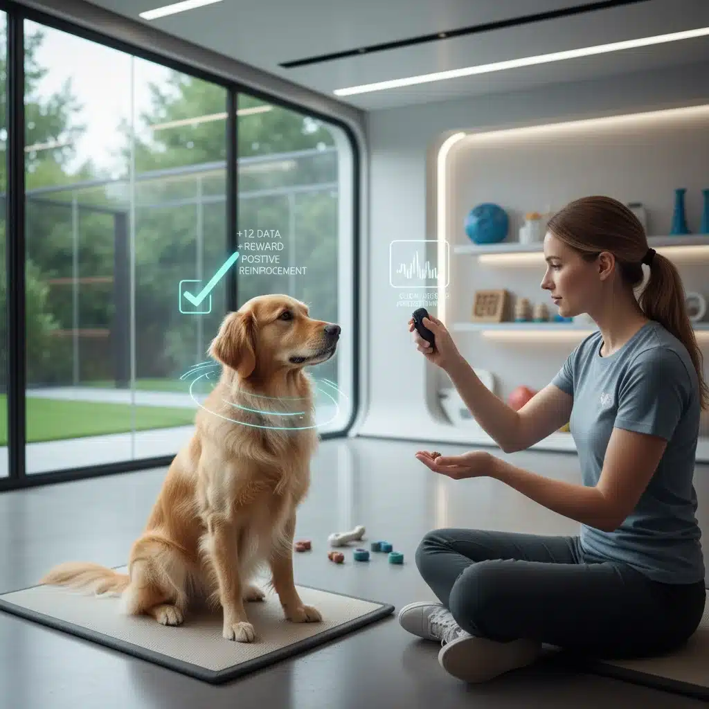 Dog calmly responding to clicker training in a modern facility.