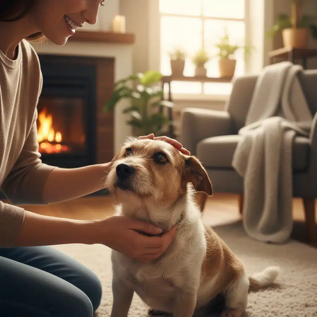 Pet owner comforting a small, nervous dog with gentle strokes.