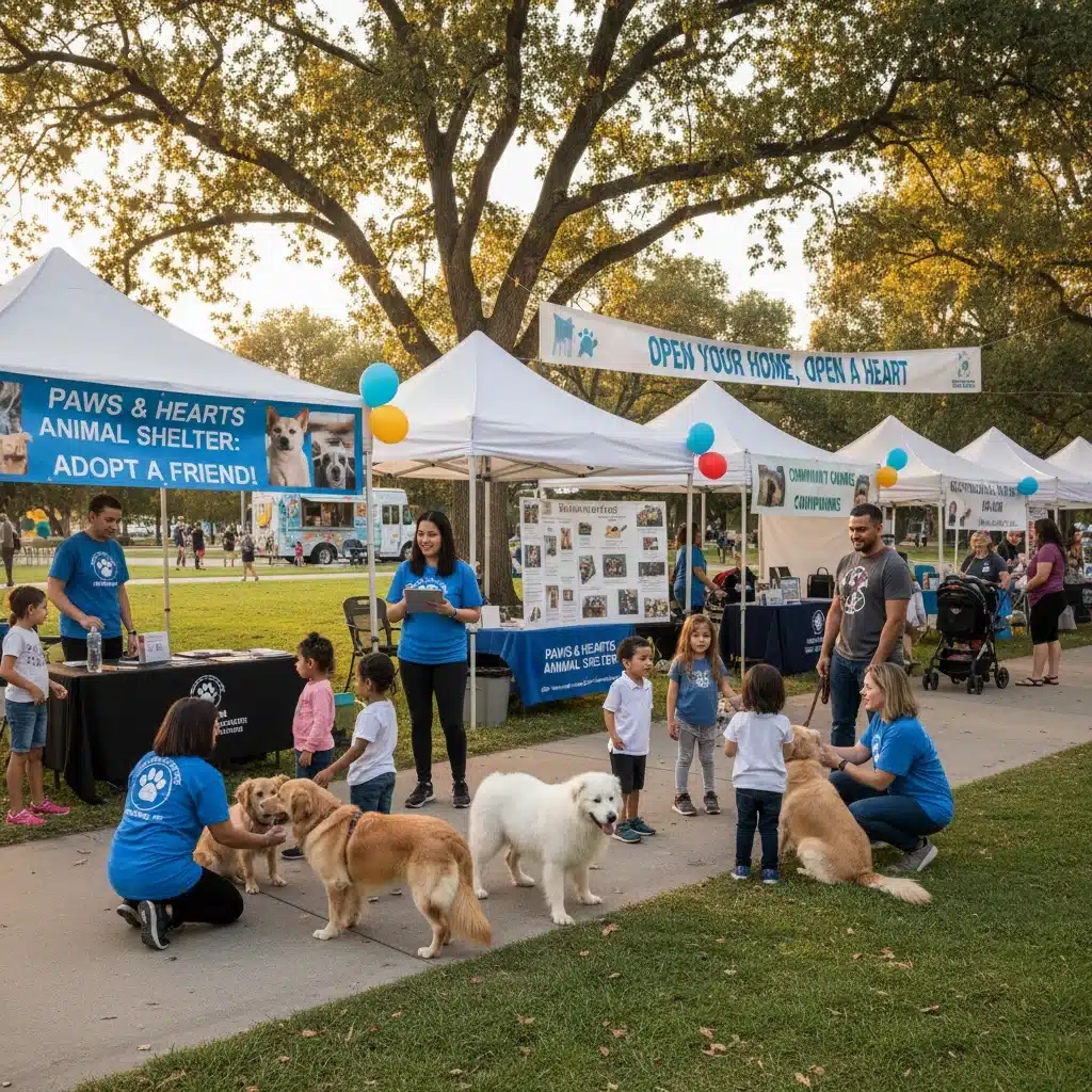 Community event promoting pet adoption with shelter staff and happy families.